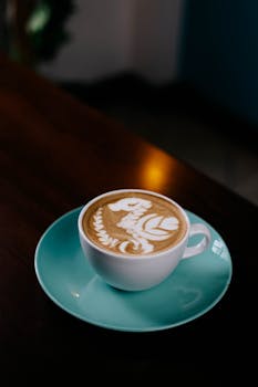 Close-up of a beautifully crafted latte with latte art in a turquoise cup on a wooden table.