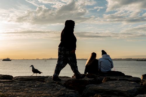 Free Silhouetted people on rocks by the sea at sunset, peaceful scenery. Stock Photo