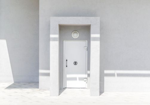 A minimalist white door set against a plain wall, casting geometric shadows in natural sunlight.