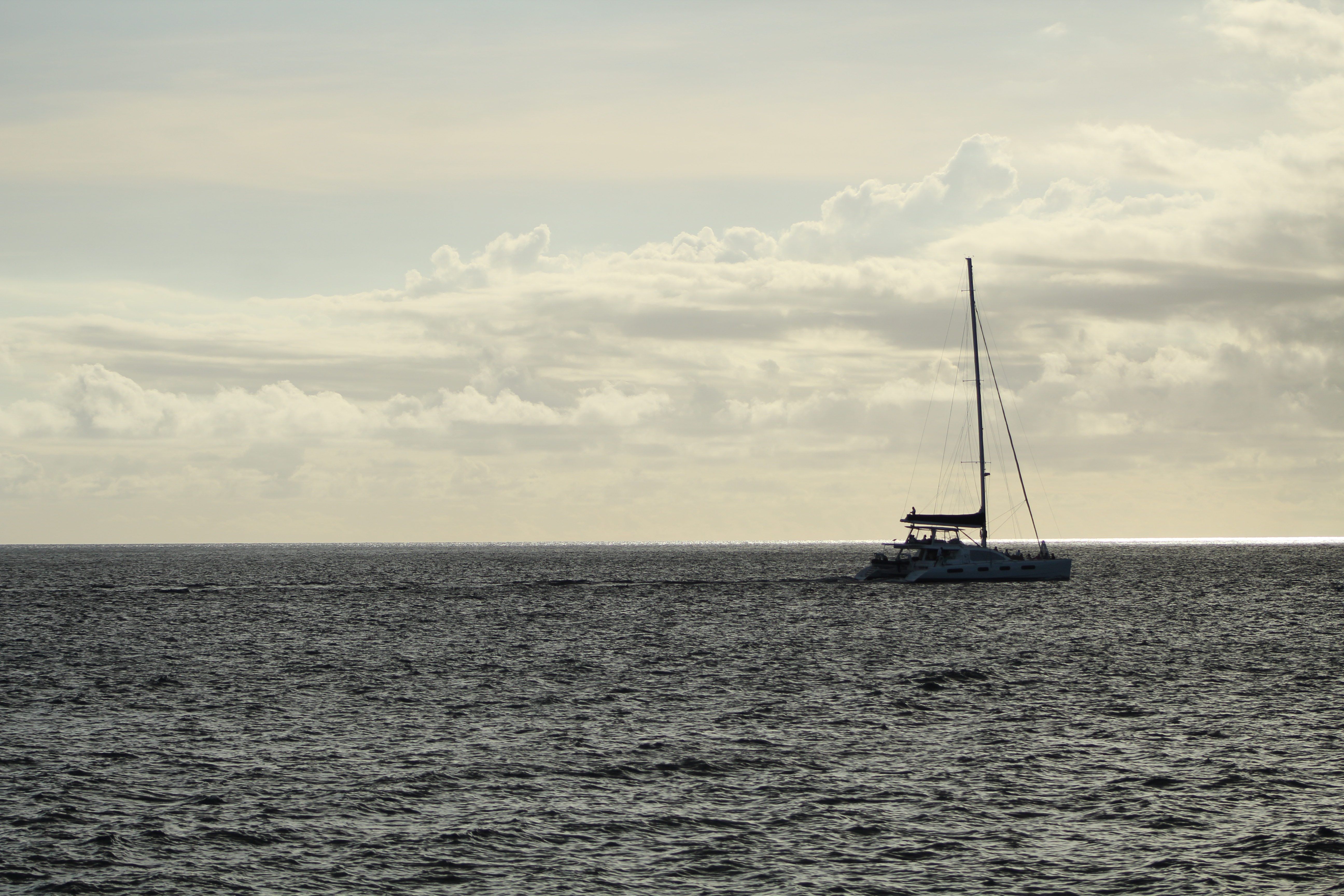 Outstanding Oahu Small Group Snorkel Tour with Yacht Cruise Review: The Ultimate West Oahu Experience Review 2026 - A solitary sailboat glides across a calm sea beneath a cloudy sky, evoking a sense of peace and adventure.