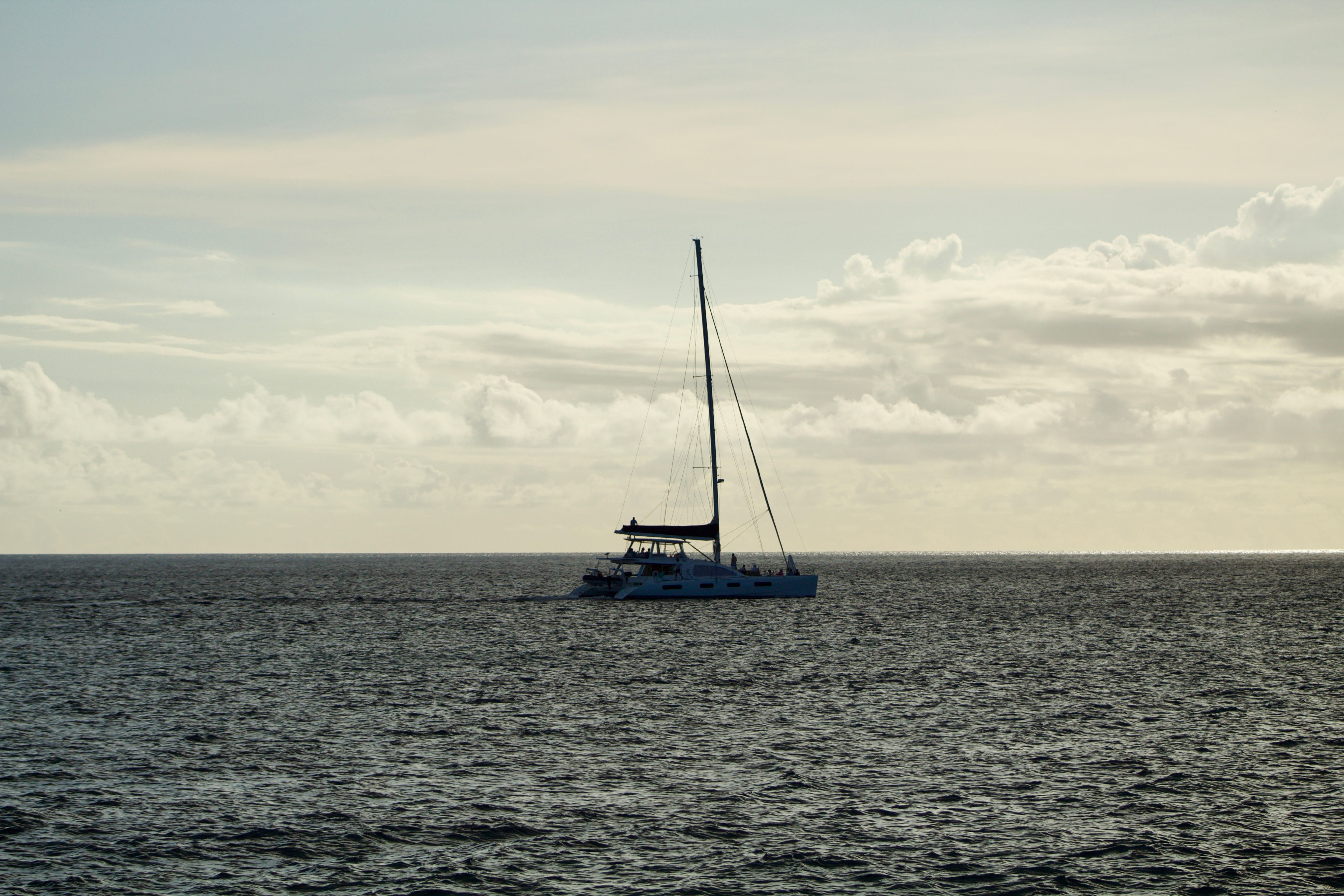 Ultimate Beautiful 90 Minute Catamaran Sunset Sail with Drinks! Review: The Ultimate Oahu Yacht Charter Experience Review 2026 - A solitary yacht gracefully sails on the tranquil ocean under a cloudy sky.