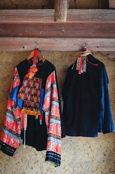 Vibrant traditional clothes hanging on a rustic wall, showcasing cultural fashion.