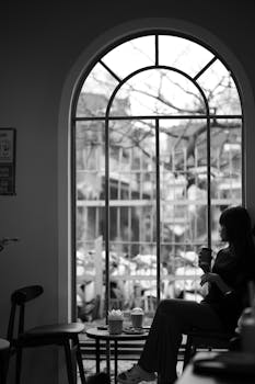 A woman holding a coffee cup gazes out a large window in a cozy cafe setting.