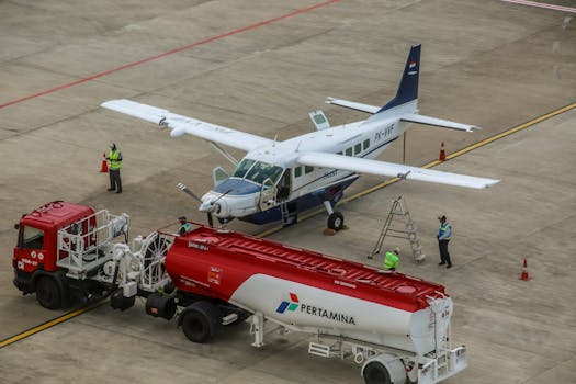A small aircraft being refueled on an airport tarmac with workers present.