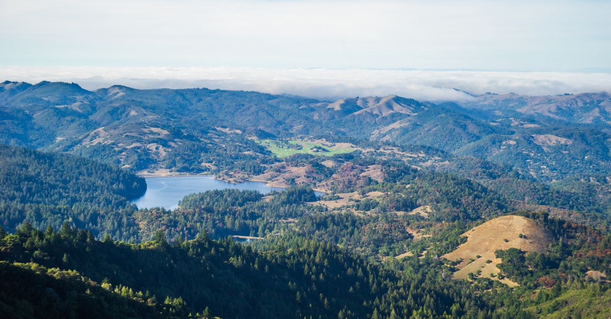 Breathtaking aerial view of rolling hills and lush forests with a serene lake in the distance.