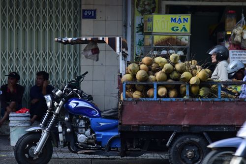 Free Street scene showing a motorbike carrying coconuts at a local market. Stock Photo