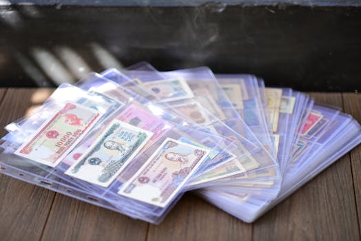 Diverse collection of international banknotes stored in protective sleeves, showcasing world currencies.