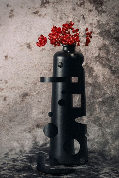 Free Elegant black vase with red flowers in artistic still life against a textured background. Stock Photo