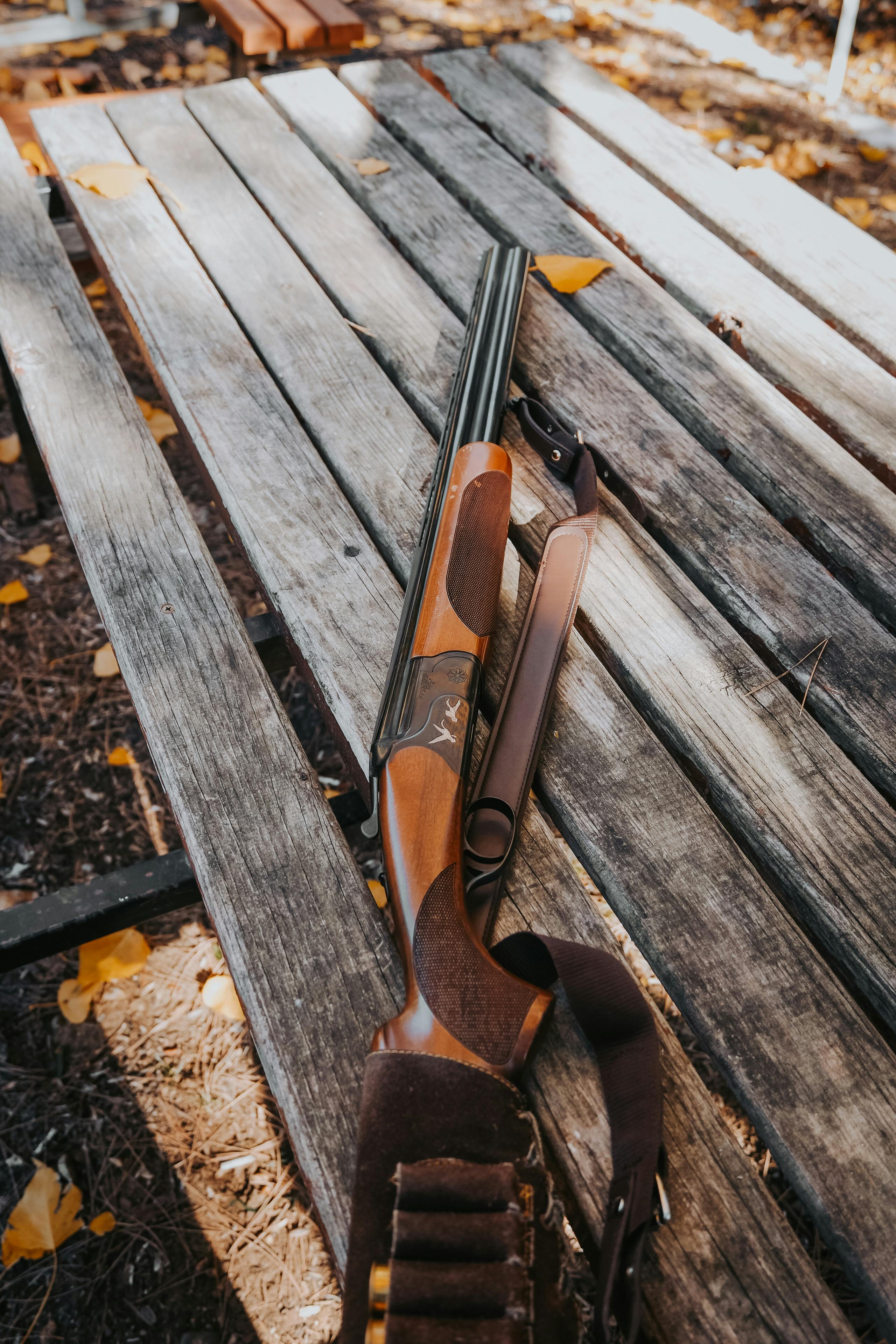 A hunting shotgun rests on a wooden bench surrounded by autumn leaves.