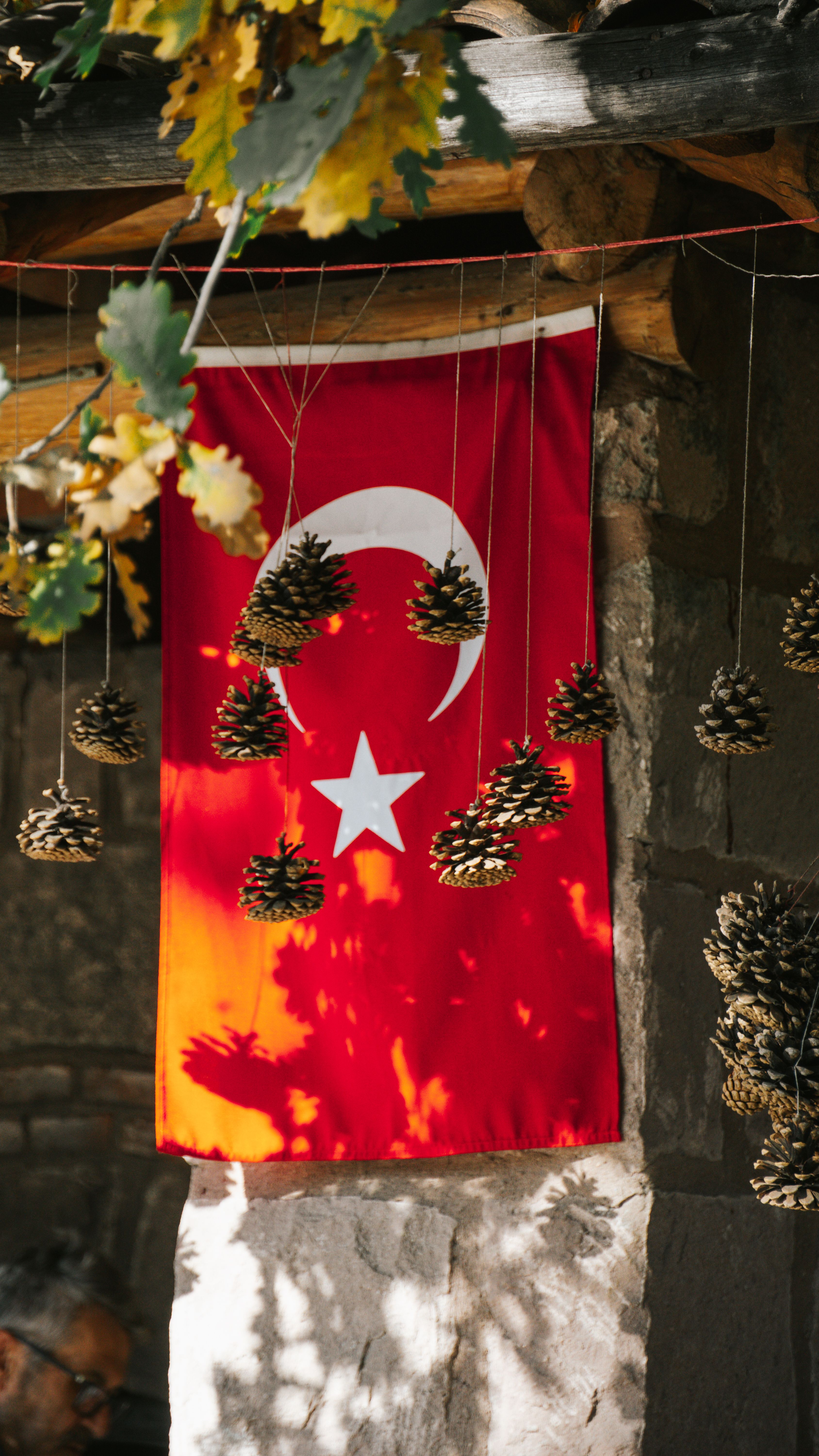 Turkish flag with pine cones and autumn leaves hanging outdoors, creating a natural ambiance.