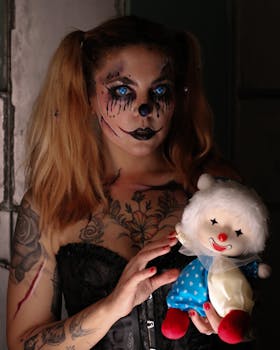A woman in dramatic clown makeup holds a colorful doll, creating a moody atmosphere.