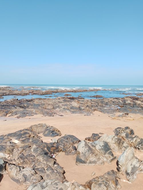 Free Explore the picturesque rocky coastline of Casablanca at low tide under a clear blue sky. Stock Photo