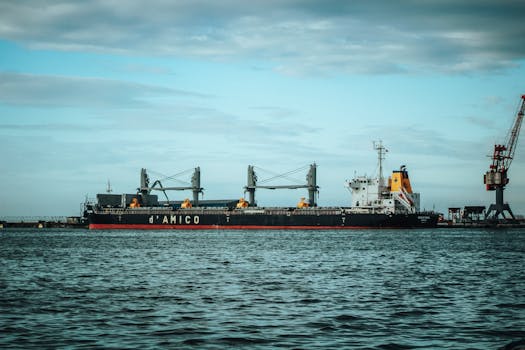 A large cargo ship docked at an industrial port under a clear sky, highlighting maritime transport.