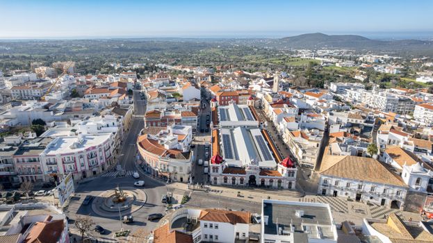 Aerial shot of Loulé Market and surrounding architecture in Faro, Portugal.