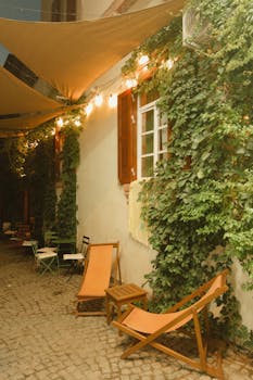 Charming outdoor patio with chairs and climbing plants, warmly lit by string lights at night.