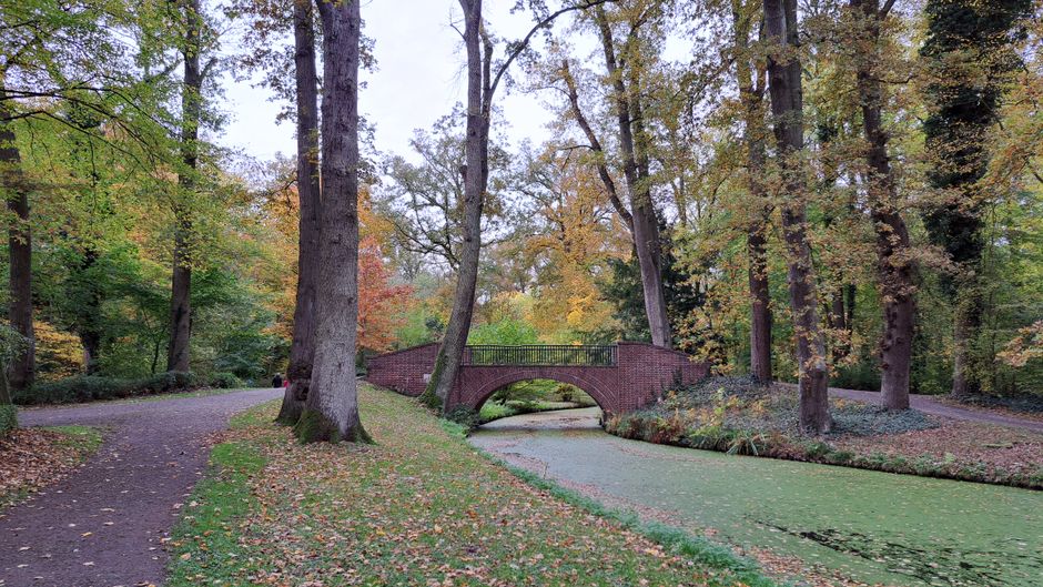 Scenic view of a historic brick bridge surrounded by autumn foliage in a park in Bremen, Germany.