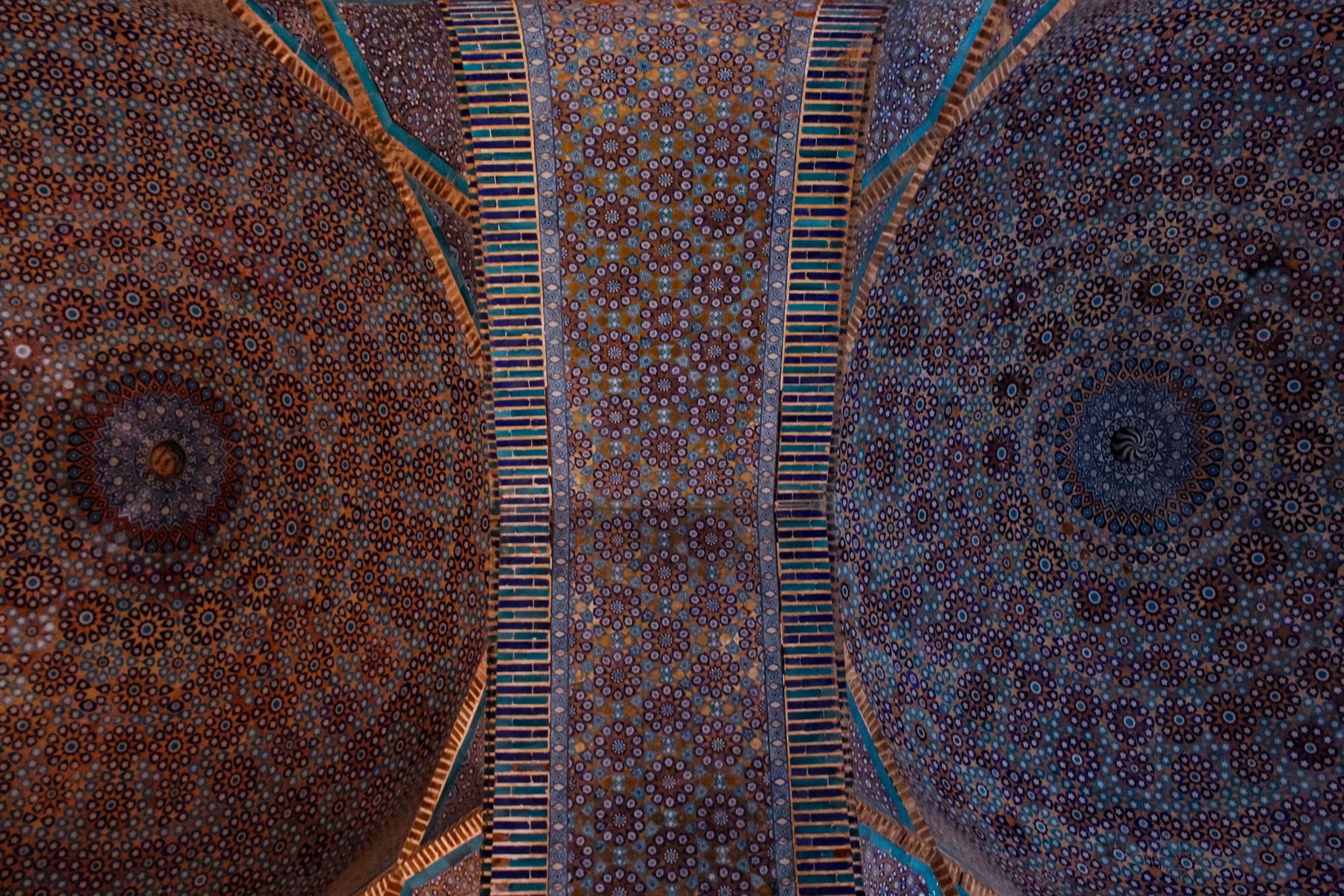 Detailed view of the mosaic ceiling at the Shah Jahan Mosque in Thatta, Sindh, Pakistan.