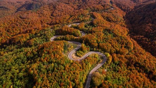 Free Aerial view of a winding road through vibrant fall foliage in a mountainous landscape. Stock Photo