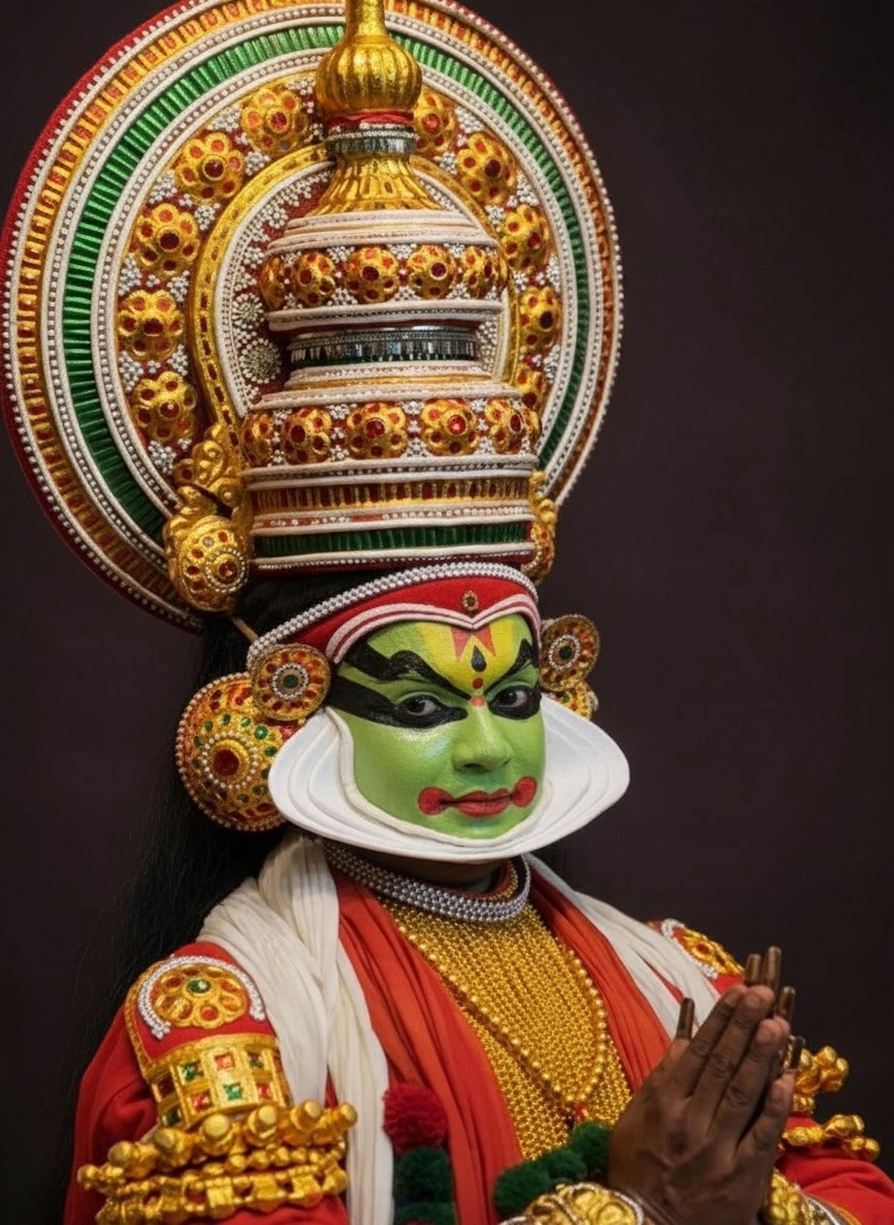 Ücretsiz Hindistan'ın Kerala kentinde geleneksel kostümlü bir Kathakali dansçısının canlı portresi. Stok Fotoğraflar