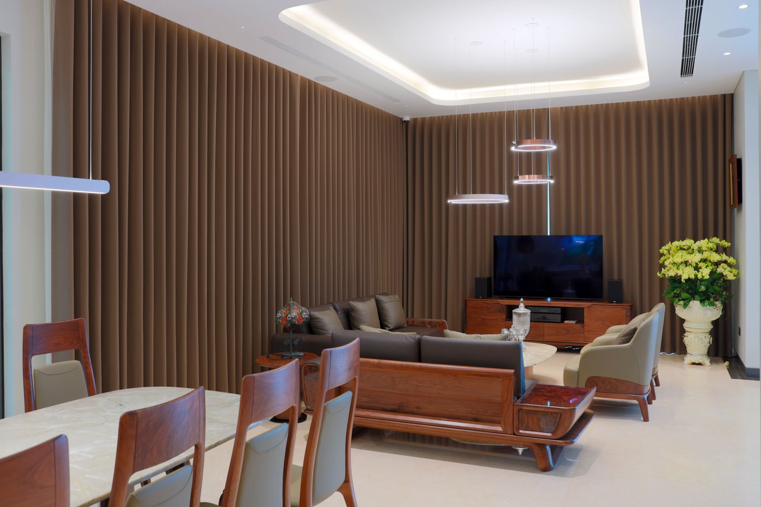 Warm interior with full length curtains