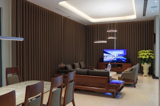 Stylish living room featuring modern furnishings, ambient lighting, and a large TV for a cozy atmosphere.