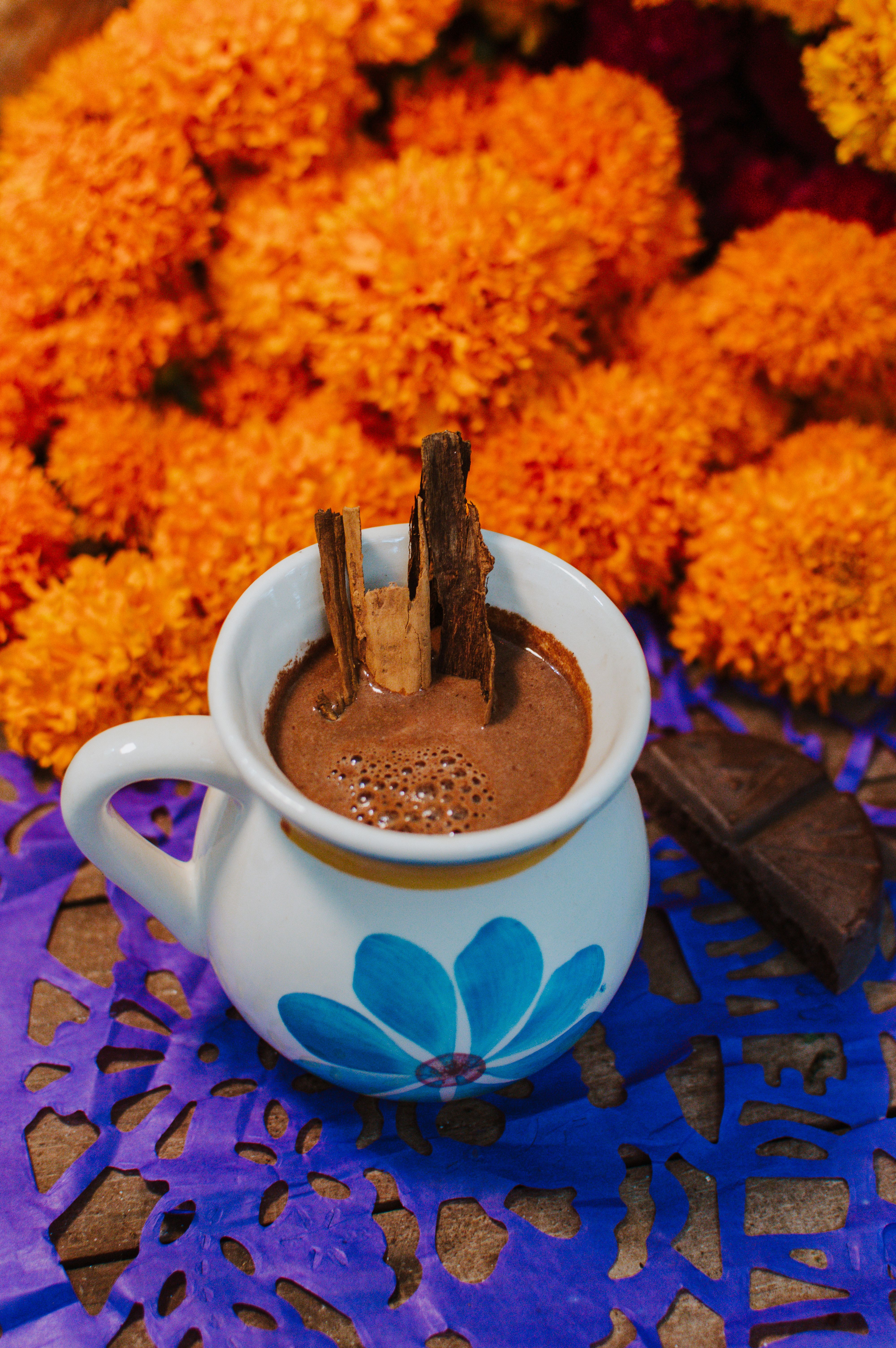 A mug of frothy Mexican hot chocolate topped with a dusting of cinnamon and a cinnamon stick, with a molinillo whisk resting beside it.