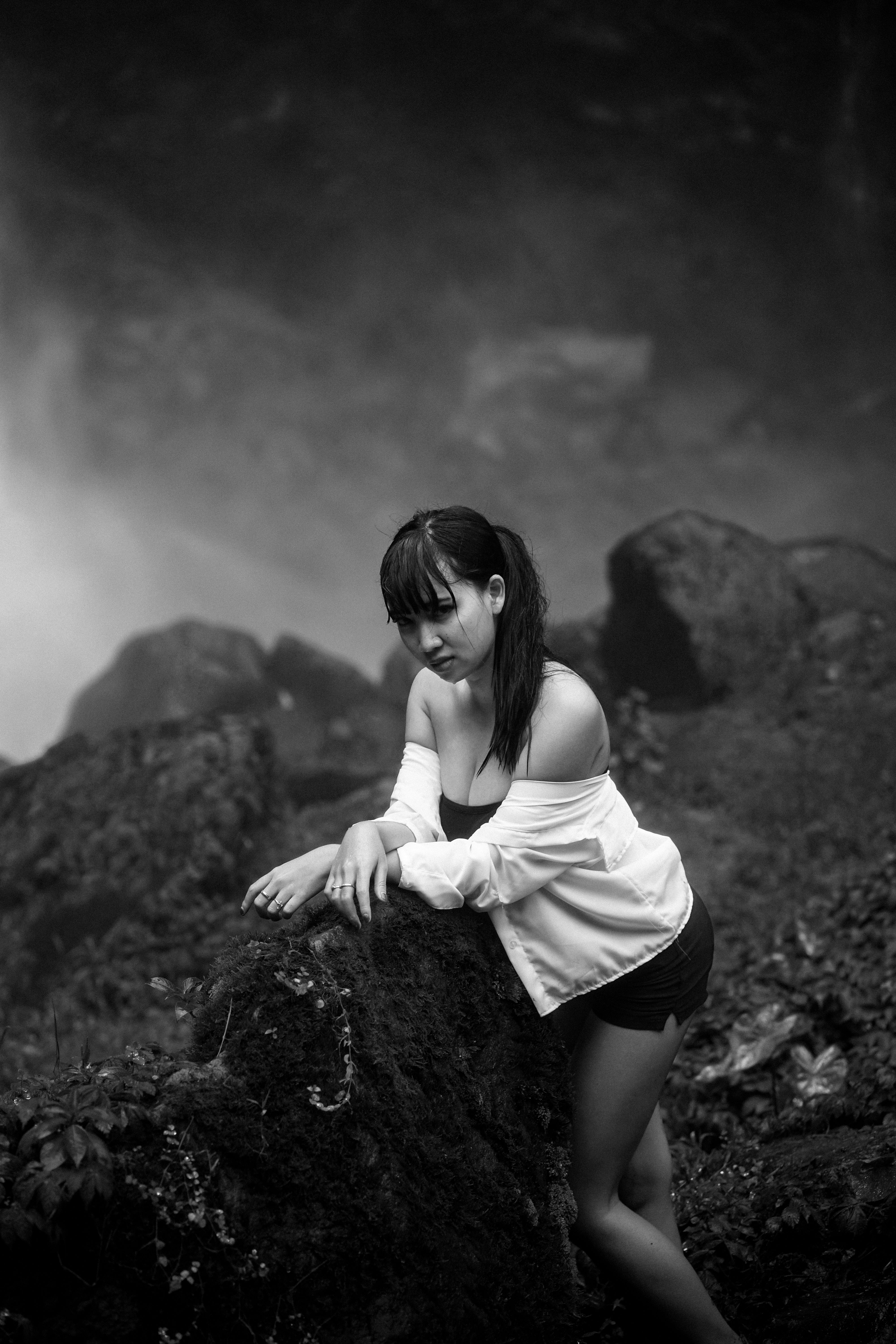 Artistic Black and White Portrait Near Waterfall
