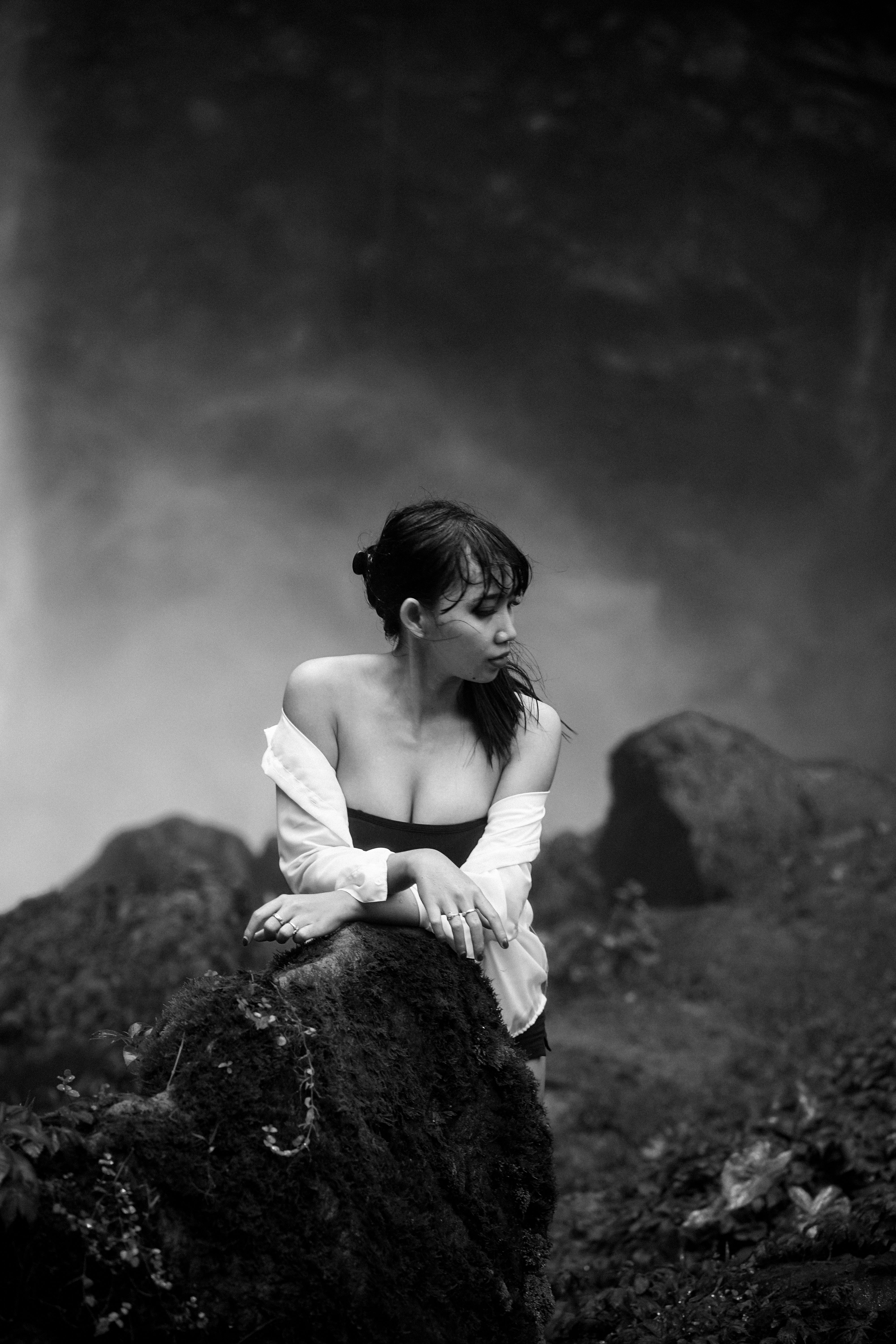Moody Black and White Portrait by Waterfall