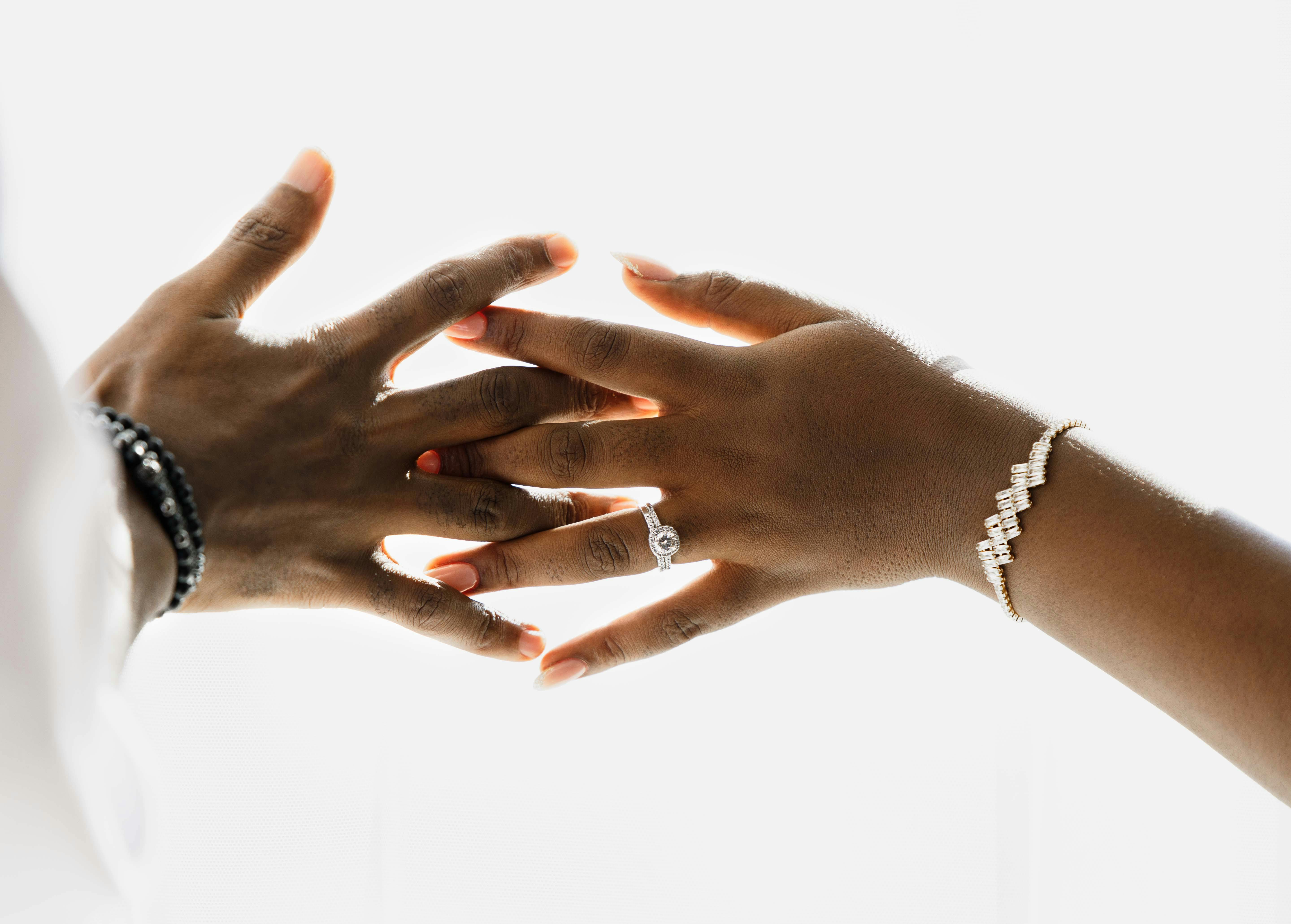 Elegantly styled hands wearing a ring and bracelet, symbolizing unity and commitment.