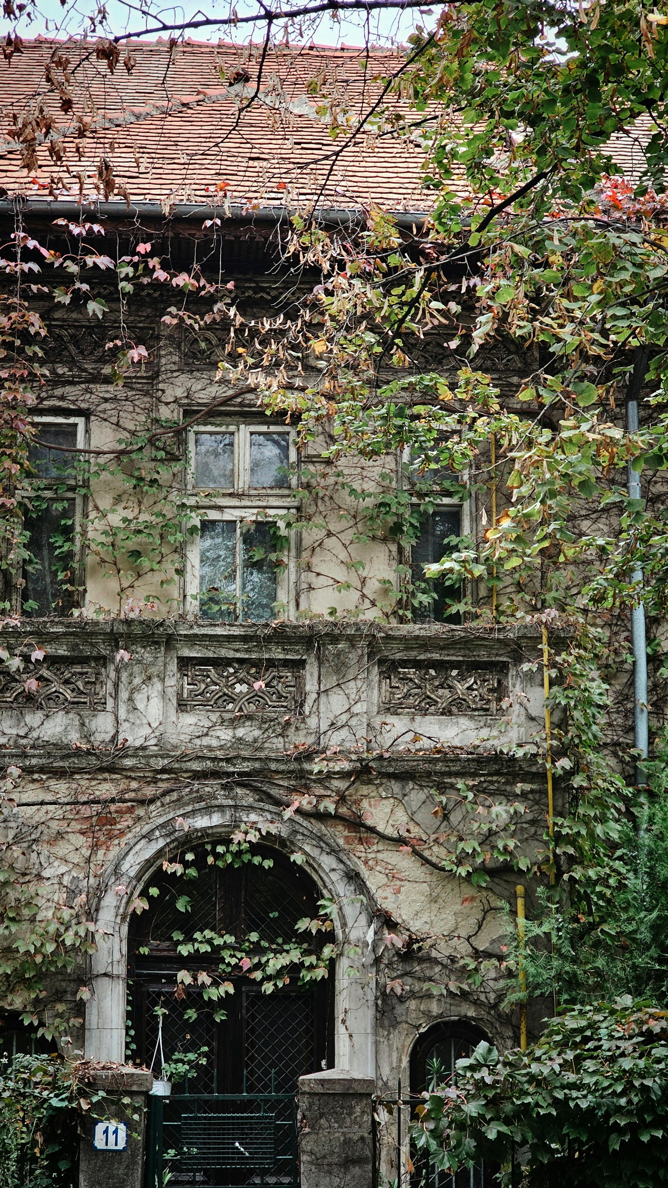 A historic building in Bucharest, Romania, adorned with ivy and ornate details.