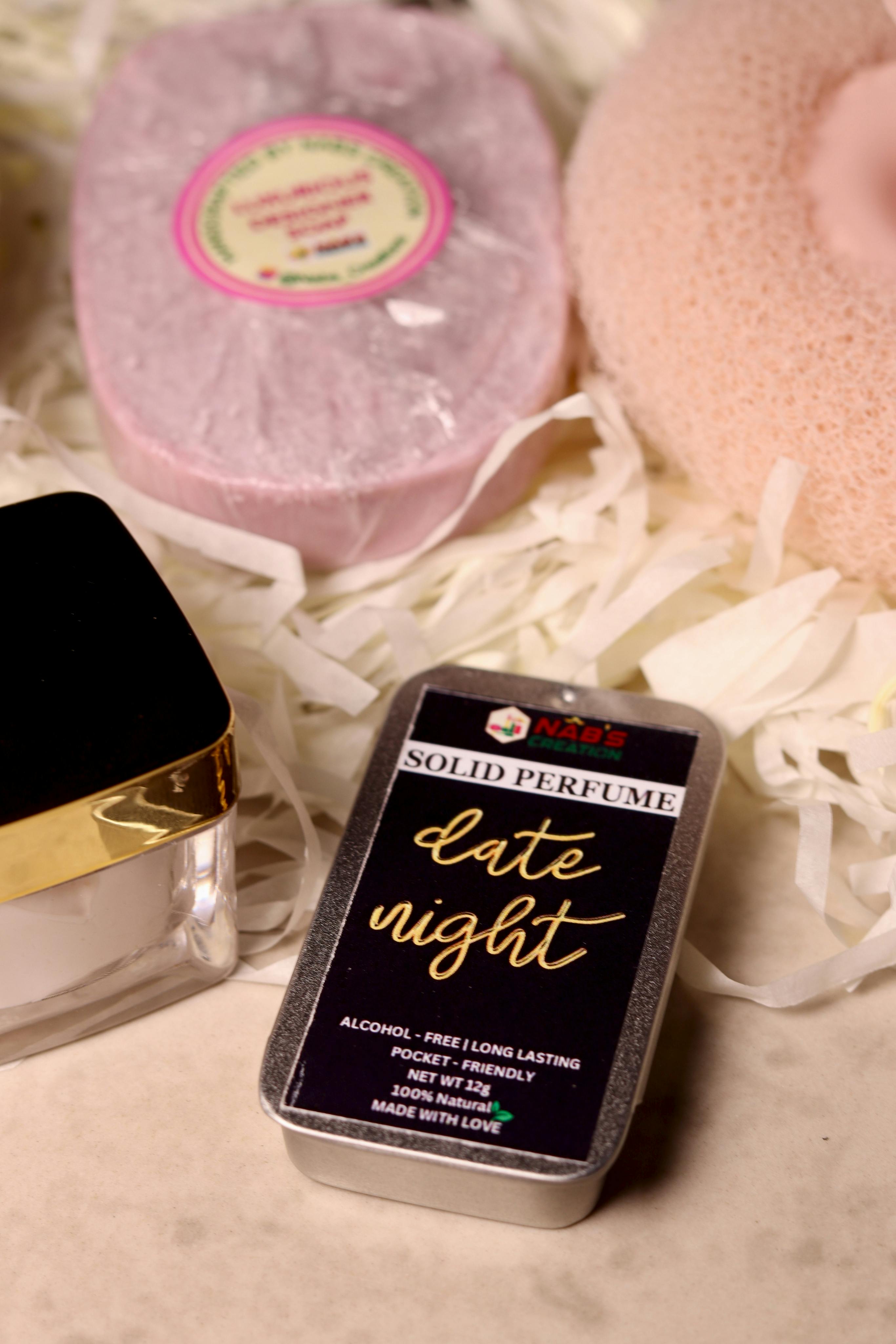 Indulge in luxury with solid perfume and cosmetics on a soft setting.