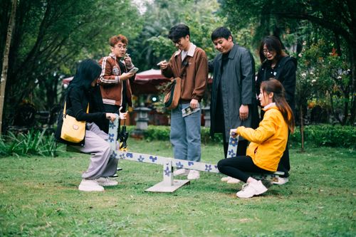 Free Six friends gathered outdoors playing on a seesaw in a park setting. Stock Photo