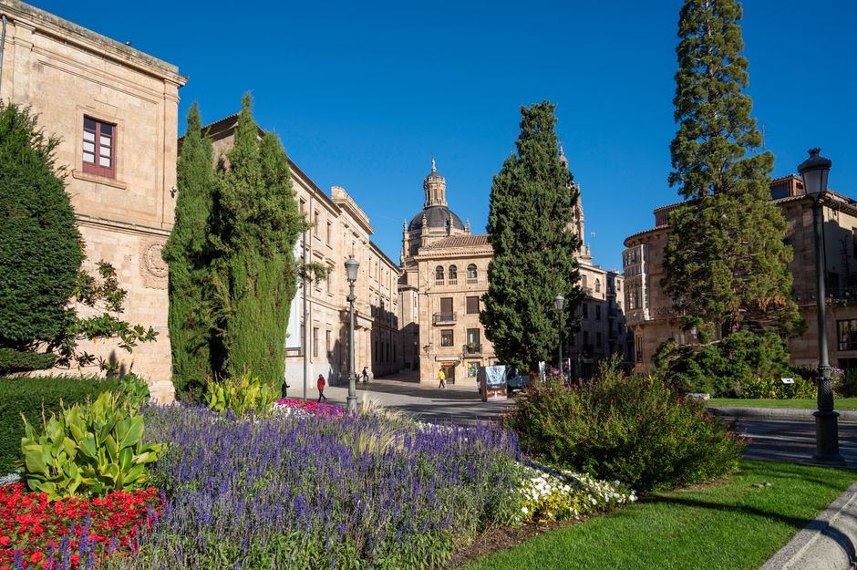 Hermosa vista de edificios históricos y jardines vibrantes en Salamanca, España.