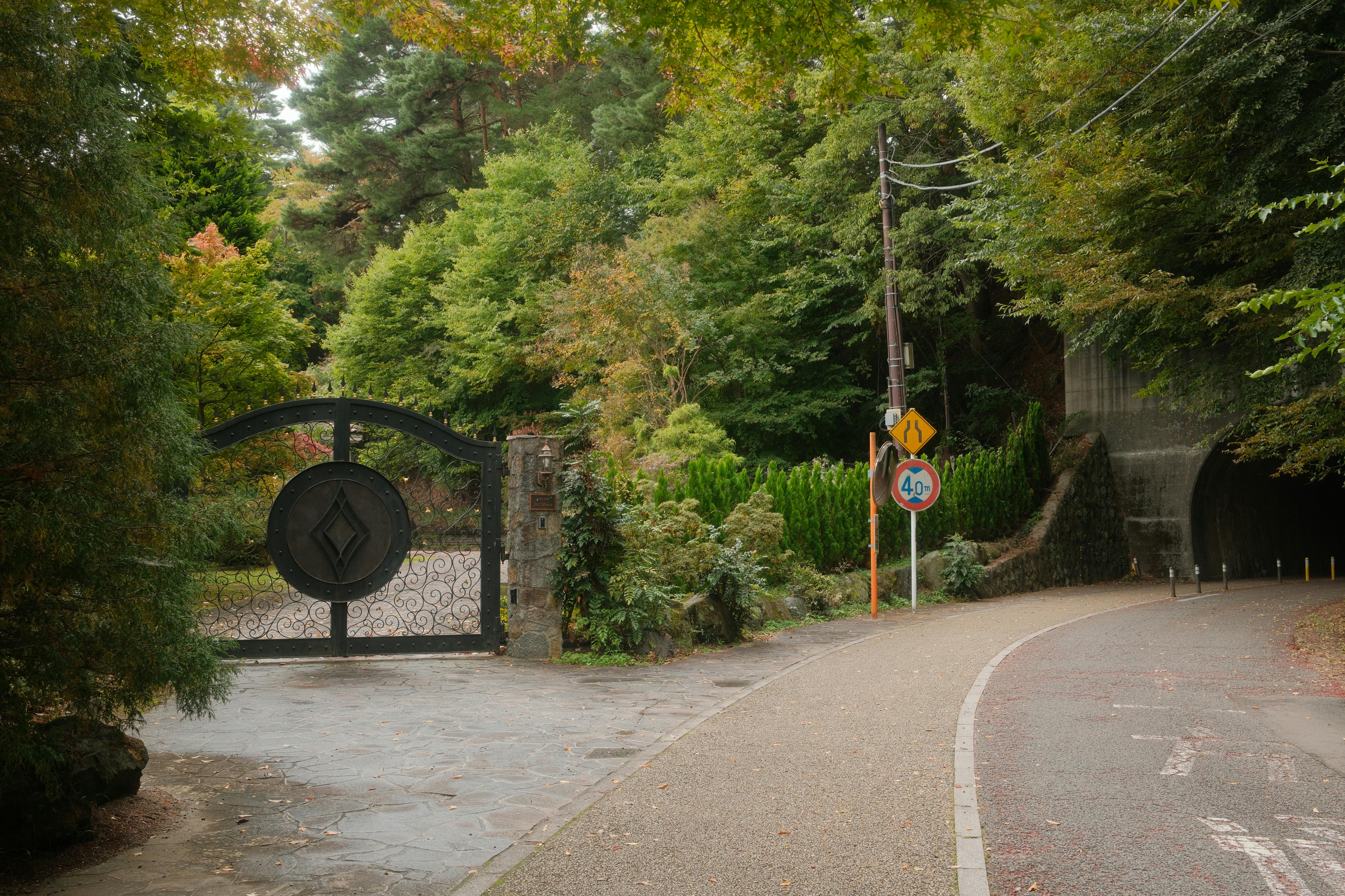 Quiet road in Fujikawaguchiko with lush greenery and a gated entrance.