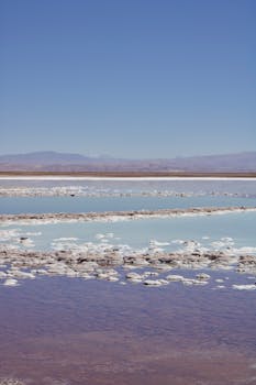 Wide view of salt flats with turquoise water against a clear sky, capturing natural beauty.