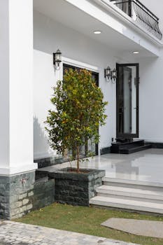 Elegantly designed house entrance featuring a lush green shrub and stone steps.