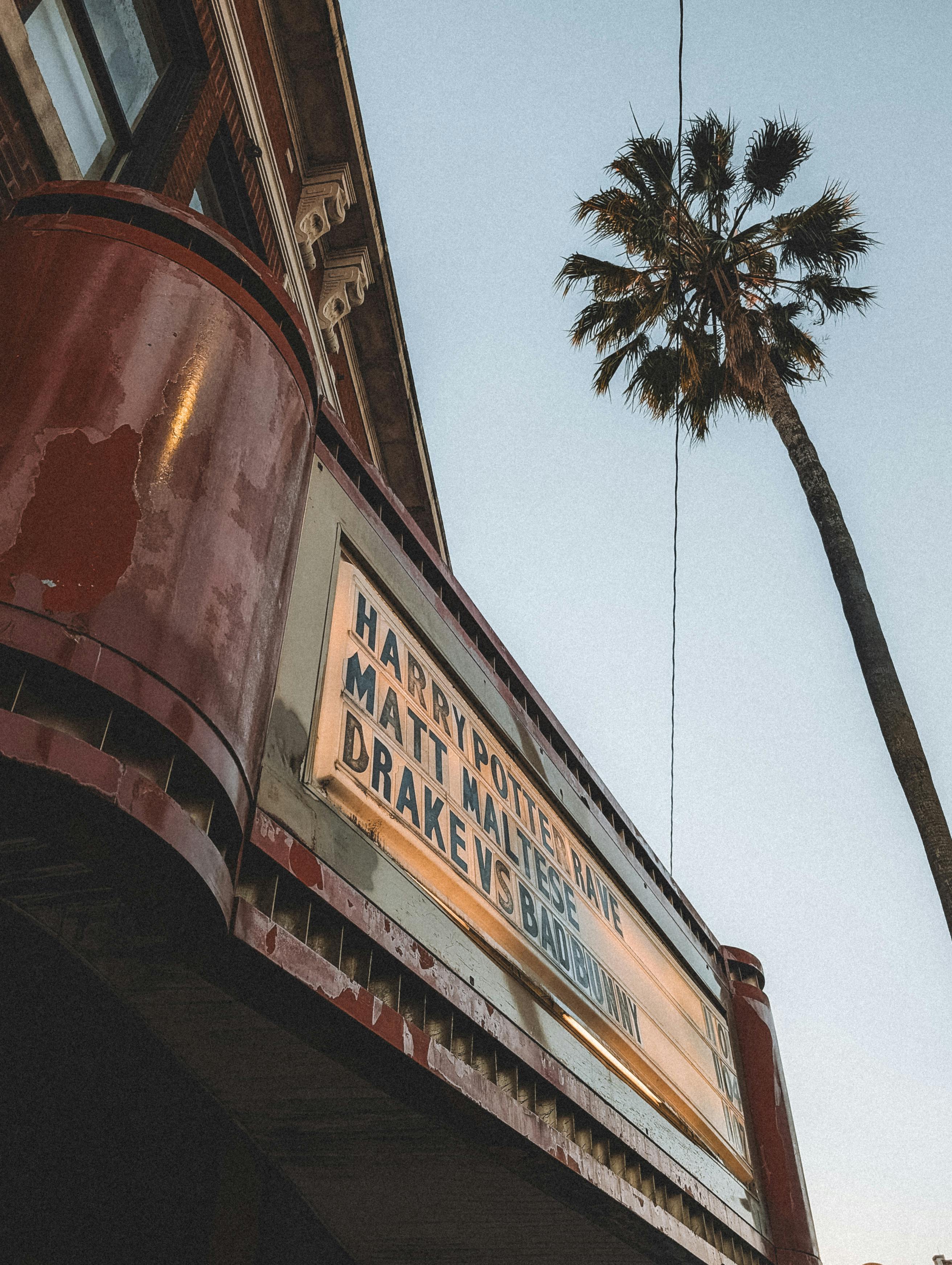 Free Vintage theater marquee with palm tree in dusk light, evoking nostalgic cinematic vibes. Stock Photo