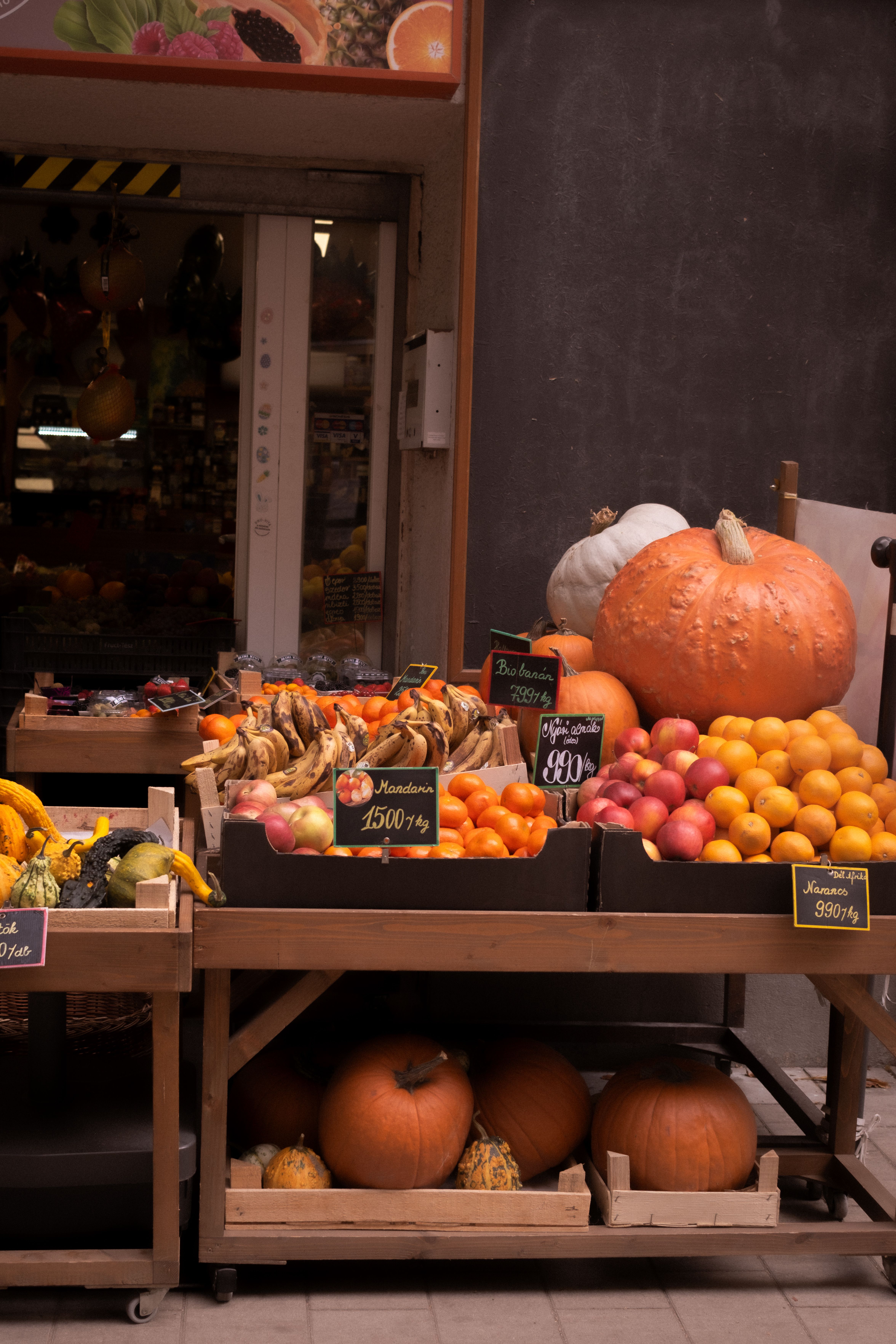 autumn seasonal fruit and vegetables market stall