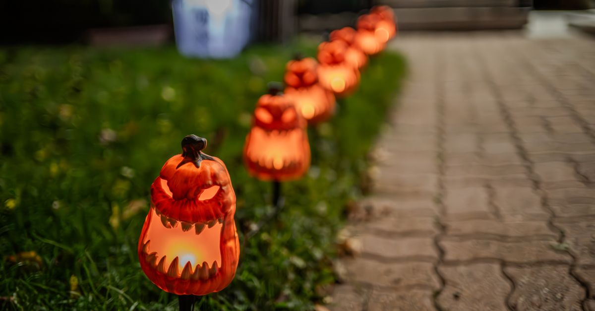 Line of illuminated pumpkin decorations along a garden path, perfect for Halloween ambiance.