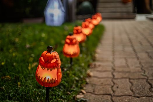 Line of illuminated pumpkin decorations along a garden path, perfect for Halloween ambiance., free online jigsaw puzzle on JigsawPuzzlesFreeOnline.org