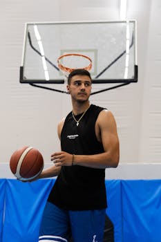 Focused basketball player preparing for shoot on an indoor court in Greece.