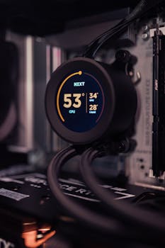 Detailed view of a CPU liquid cooling system inside a computer with temperature display.