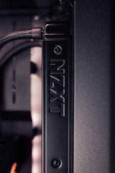 Detailed view of a NZXT computer case component with black and gray tones.