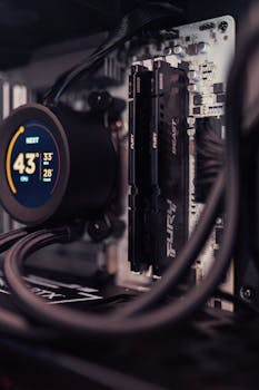 Detailed view of a gaming PC build featuring RAM and cooling system.