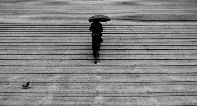 一名妇女撑着伞爬楼梯的灰色剪影
