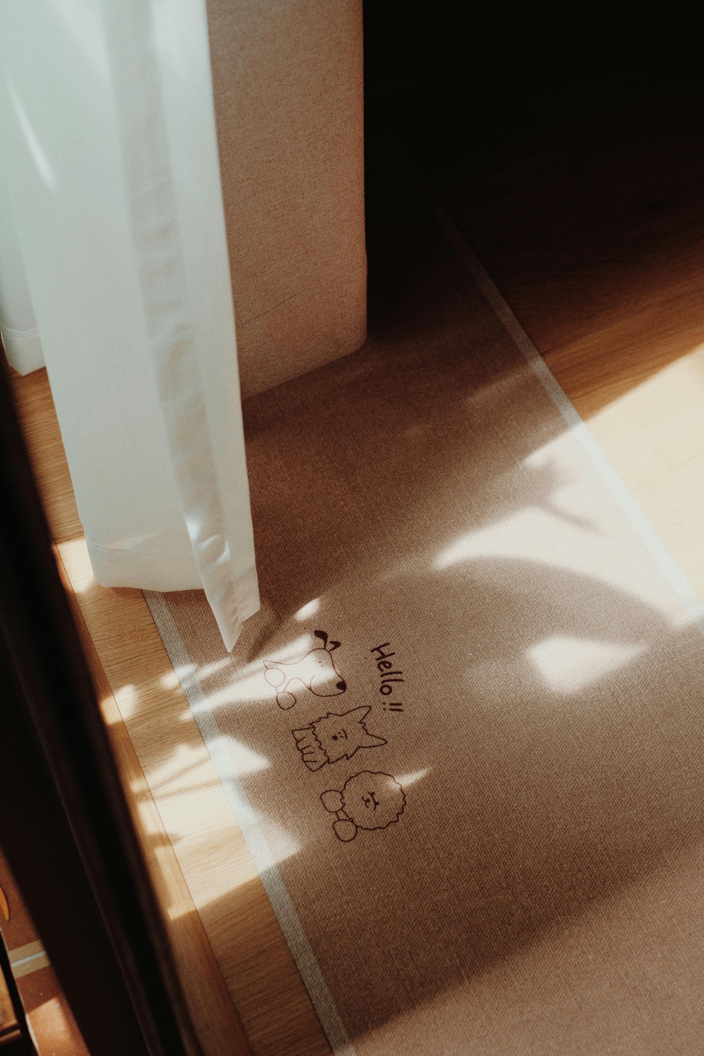 Gratis La calda luce del sole illumina un accogliente ingresso con un accogliente tappetino marrone. Foto a disposizione