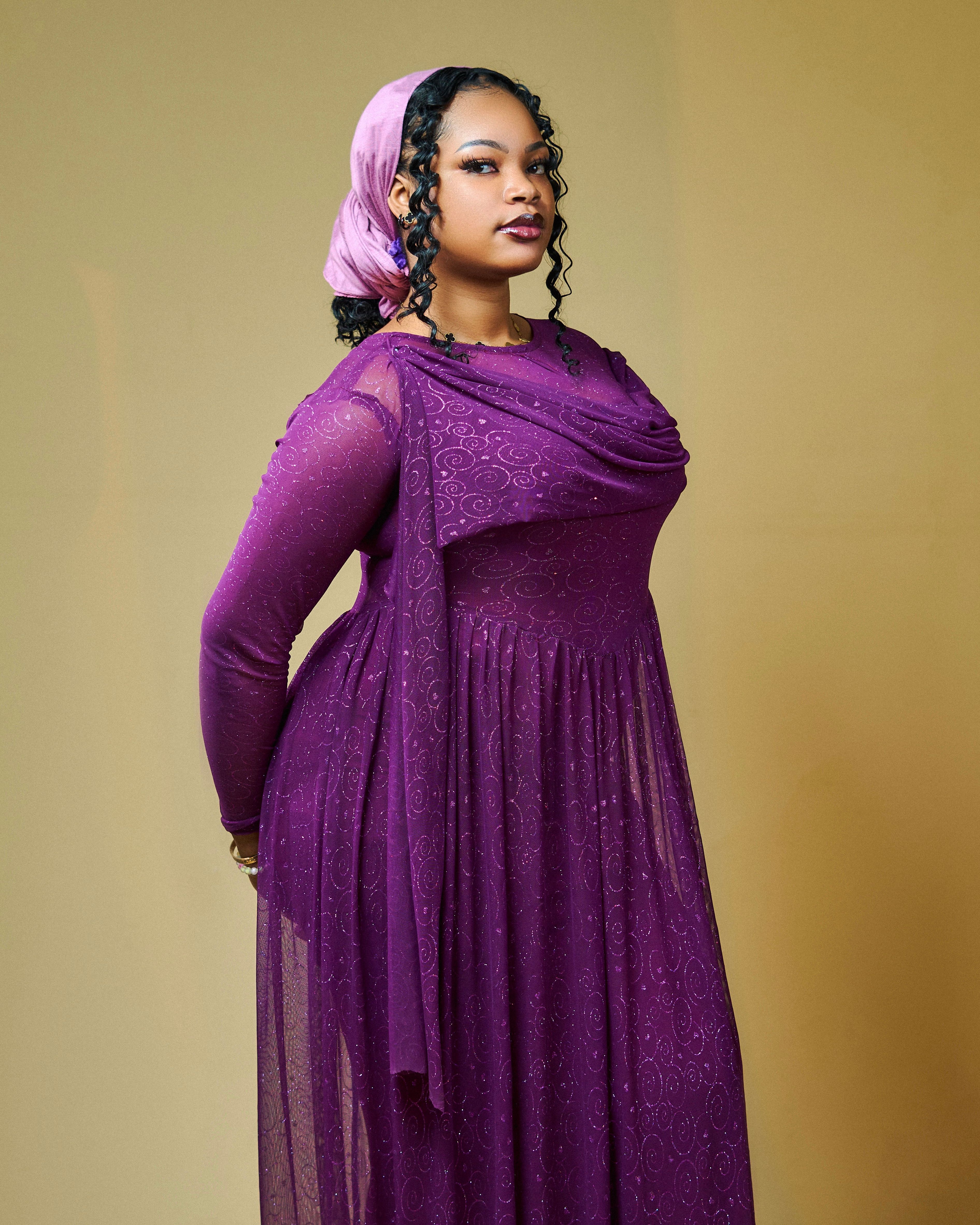 Elegant Woman in Purple Dress with Headscarf · Free Stock Photo