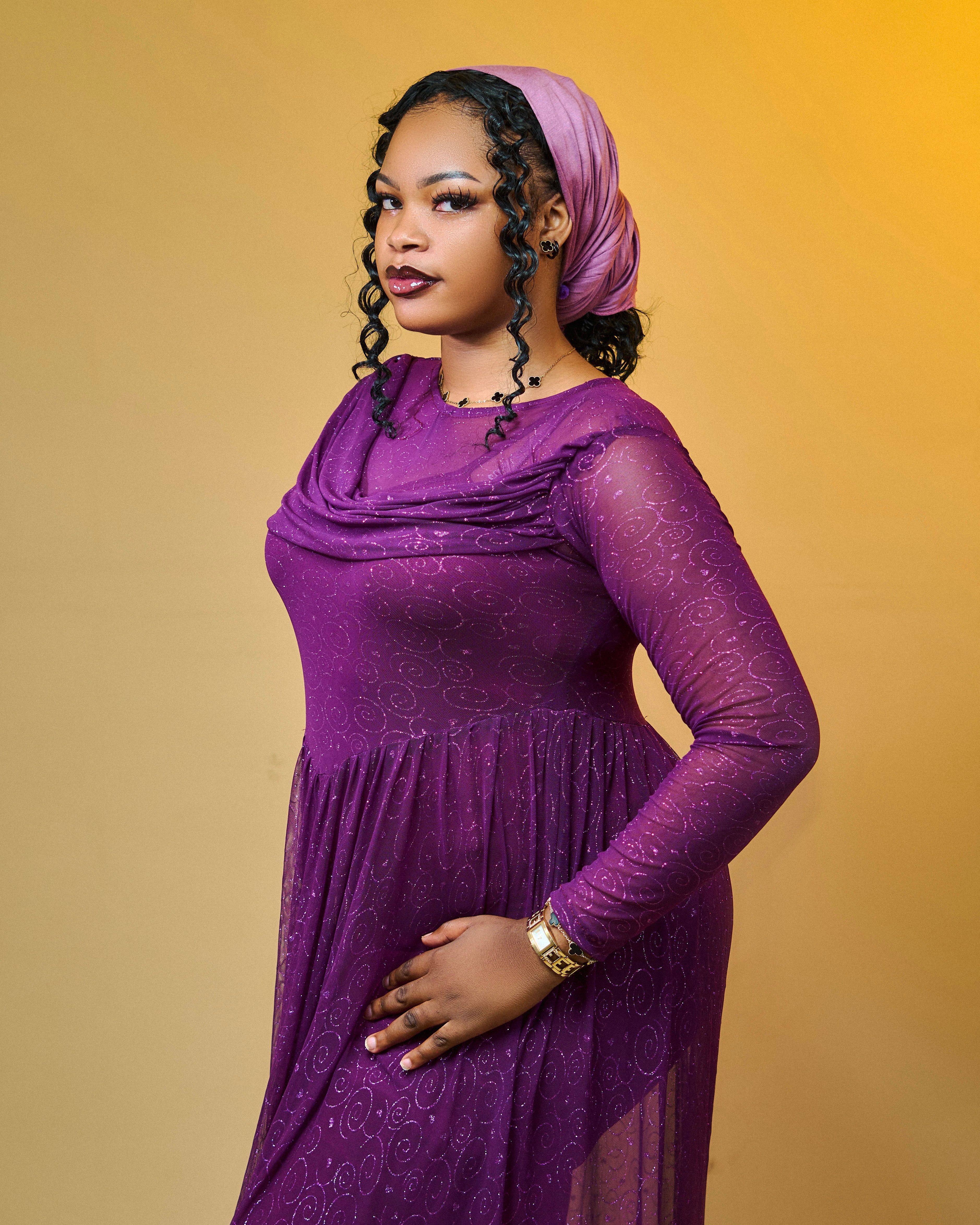 Elegant Woman in Purple Dress with Headscarf · Free Stock Photo