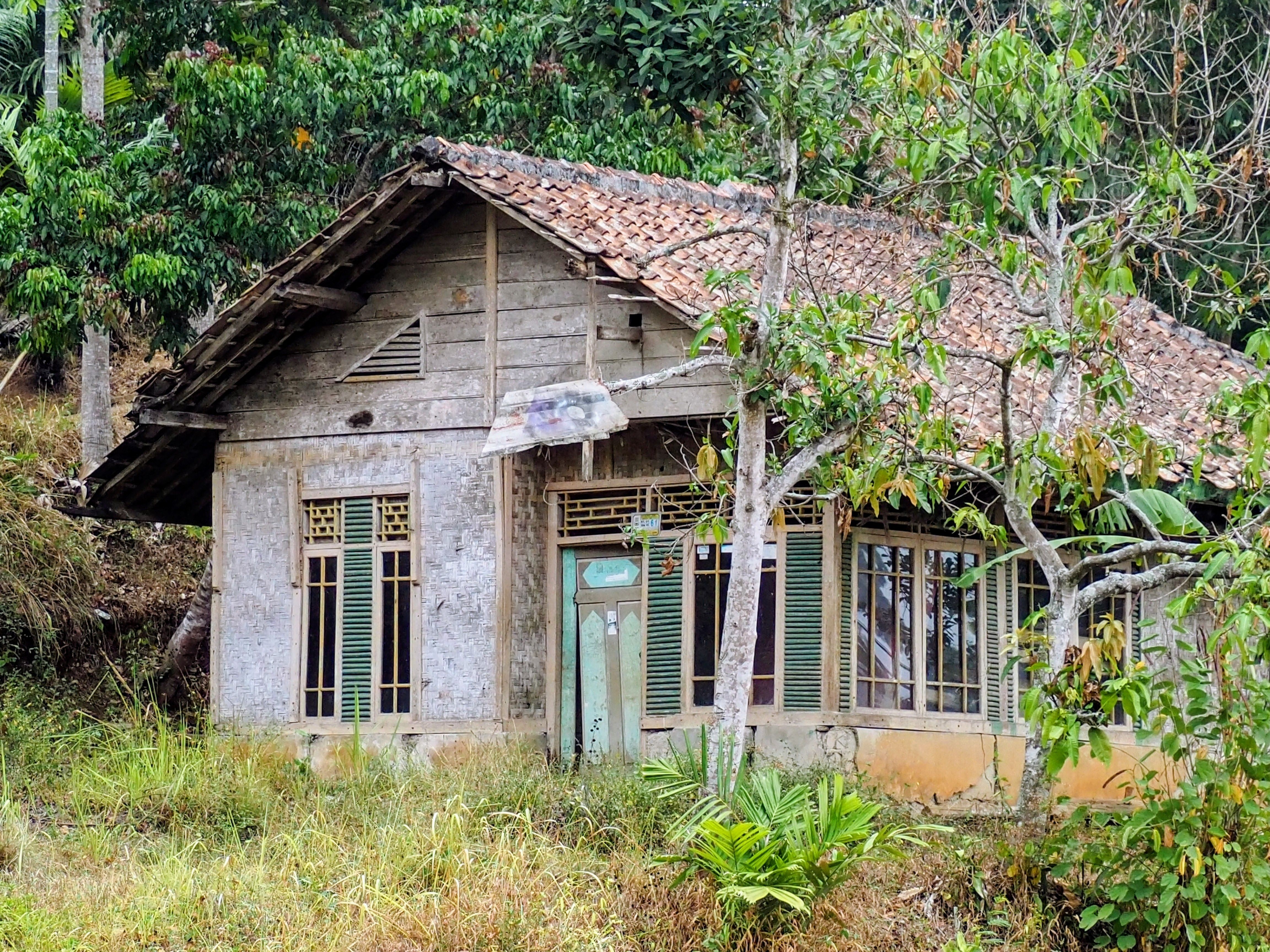 An old wooden house surrounded by greenery in West Java, Indonesia.