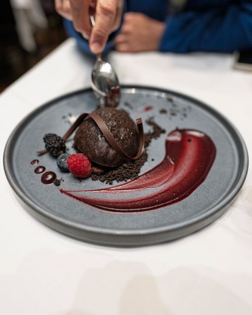 Free Delicious chocolate dessert garnished with fresh berries and sauce. Stock Photo